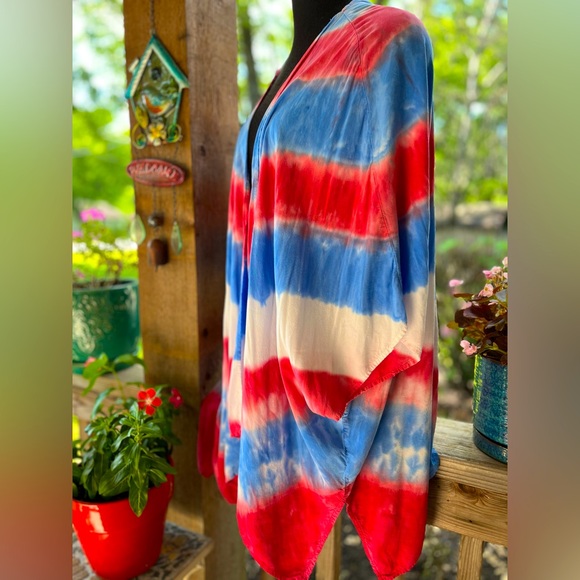 Tie Dye Red White Blue Boho Hippie Loose Flowy Open Front Kimono Duster Cover M - Picture 5 of 8
